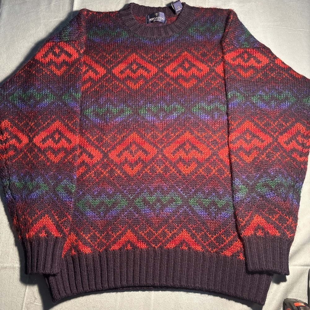 Regatta Sport Wool Mohair Blend Geometric Fair Isle Sweater Mens XL Red Purple